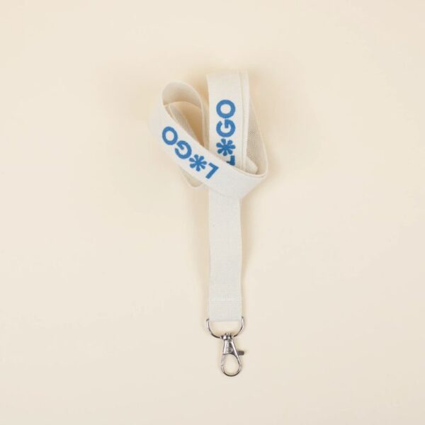 Sample of branding on organic cotton conference name badge lanyard for sustainable events and office supplies