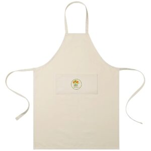 This apron has a front pocket and is made from traceable recycled cotton fabric, shown here in tan with an sbn company logo.