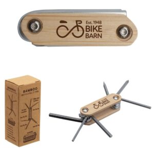 Crafted from natural bamboo wood, this multi tool features a flat head and phillips screwdriver, along with multiple hex keys.