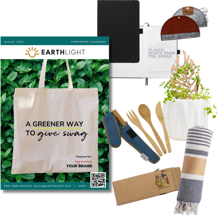 Corporate catalog and collage of eco-friendly brandable swag and gift items