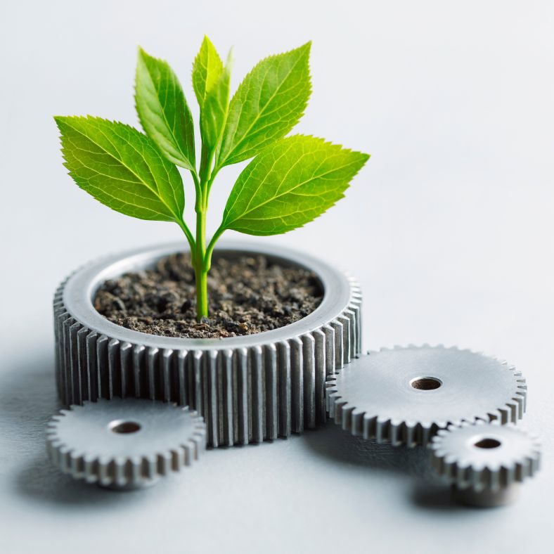 Image of plant in metal gears to represent corporate sustainability and ESG plans and consulting