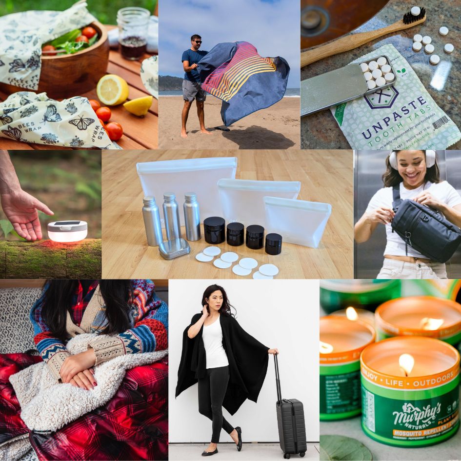 Collage image of eco-friendly, low waste and non toxic products for home and sustainable travel.