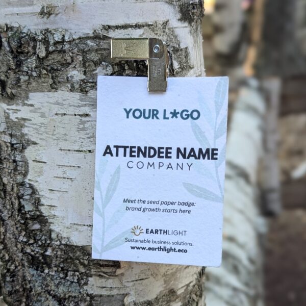 Sustainable, plastic-free seed paper name badge for eco-friendly events, meetings, tradeshows and conferences