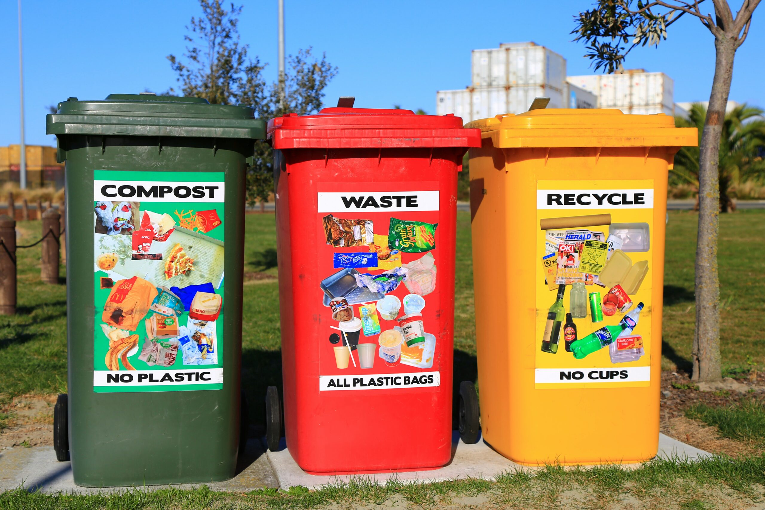 Recycling, compost and trash bins for low-waste sustainable event and corporate consulting