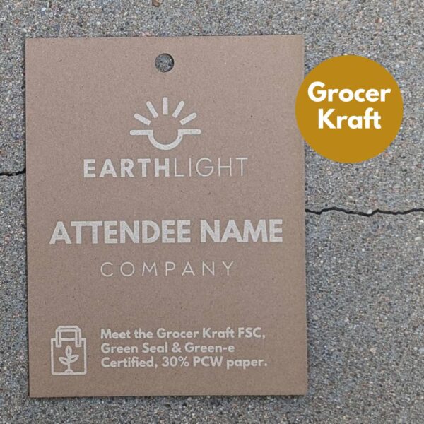 Low waste, recyclable conference, tradeshow and event name tag badge from recycled grocer kraft paper with laser engrave