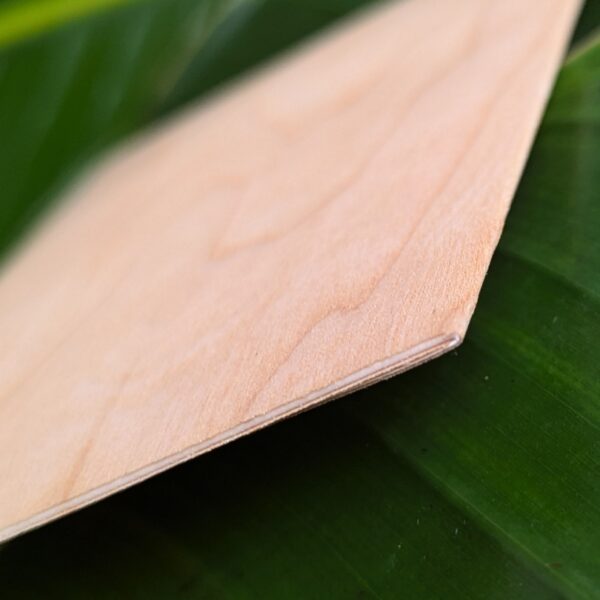 Side close up view of paperbacked wood for reusable, sustainable event name tags and badges