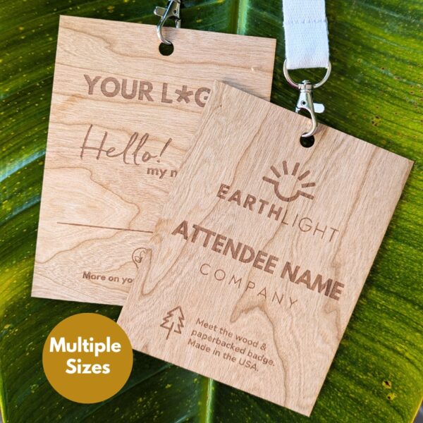 Eco-friendly, biodegradable conference, event and tradeshow namebadge from wood and paperback with laser engraving/.