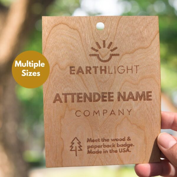 Eco-friendly, biodegradable conference, event and tradeshow namebadge from wood and paperback with laser engraving/.