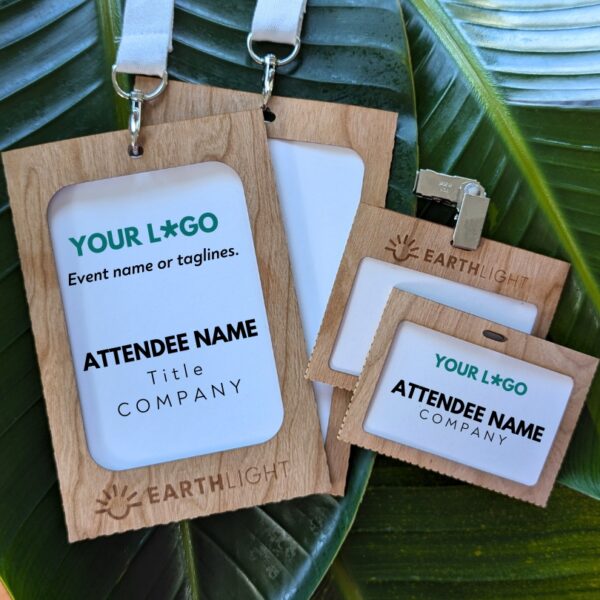 Sustainable, reusable, compostable paperbacked wood name tag and badge holders