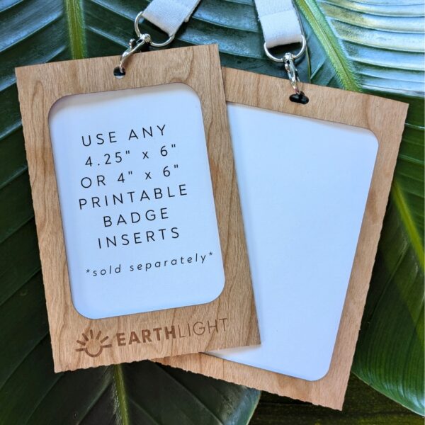 4" x 6" reusable, eco-friendly name badge holders made in the USA from paperbacked wood