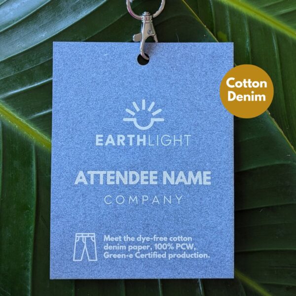 Recycled cotton denim paper with laser design for eco-friendly event and meeting name tag and badge