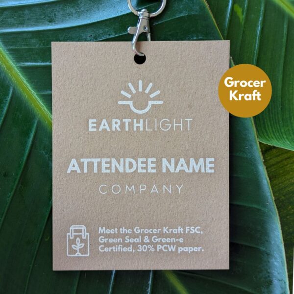 Environment Grocer Kraft paper with laser design for low waste event and conference name badges and tags