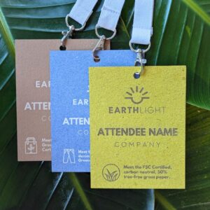 Trio of eco-friendly, upcycled, recyclable paper name tag and badges for sustainable events