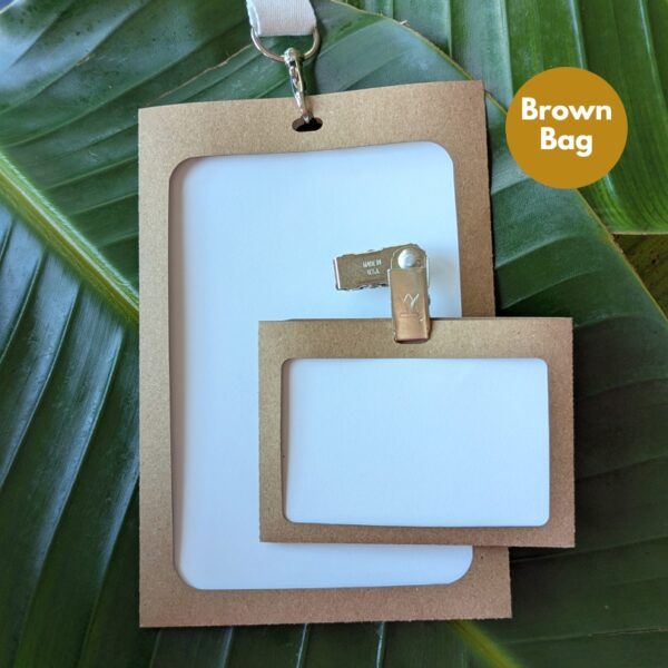 Plastic-free paper name tag and badge holders in Brown Bag Grocer