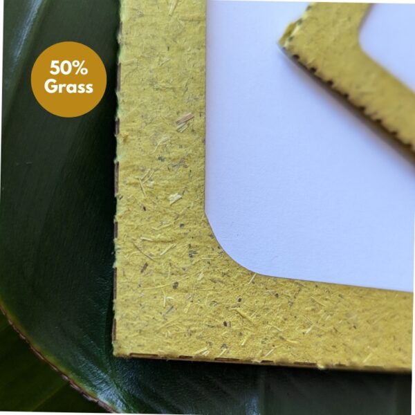 Close up of recycled grass bio cycle paper for eco-friendly, low waste event name badges and tags