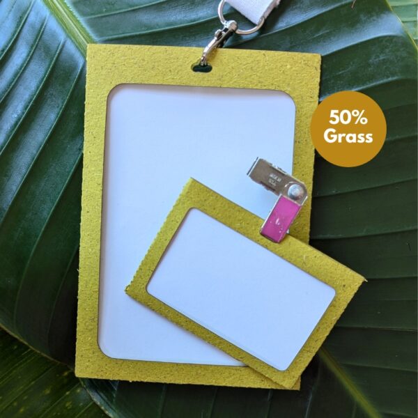 Recycled grass bio cycle paper name badge and tag holders for low waste events, meetings and conferences