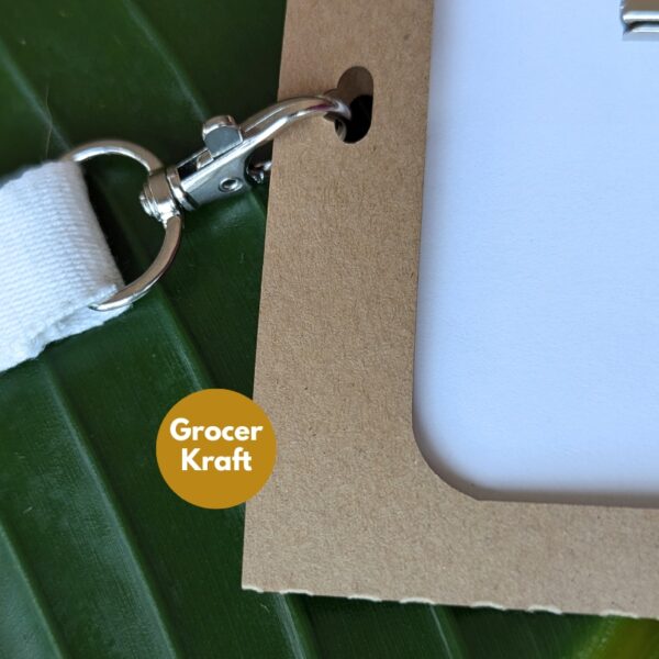 Close up of sustainable grocer kraft paper for recyclable badge and name tag holders