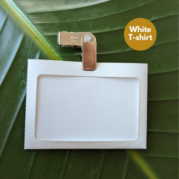 Recycled and recyclable white cotton t-shirt name badge holder for low waste events and meetings