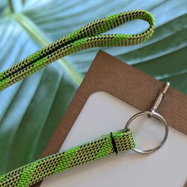 Close up of upcycled climbing rope event and conference badge lanyard