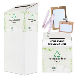 Lanyard and event and conference badge and name tag take back, reuse and recycle collection boxes and program