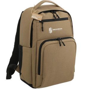 This brown backpack is made from 100% recycled fabrics and features an insulated front pocket to keep your lunch cool. Through a partnership with 1% For The Planet, one percent of sales are donated to environmental causes.